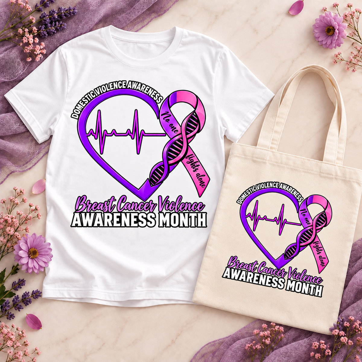 Domestic Violence & Breast Cancer Awareness T-Shirt — “No One Fights Alone”