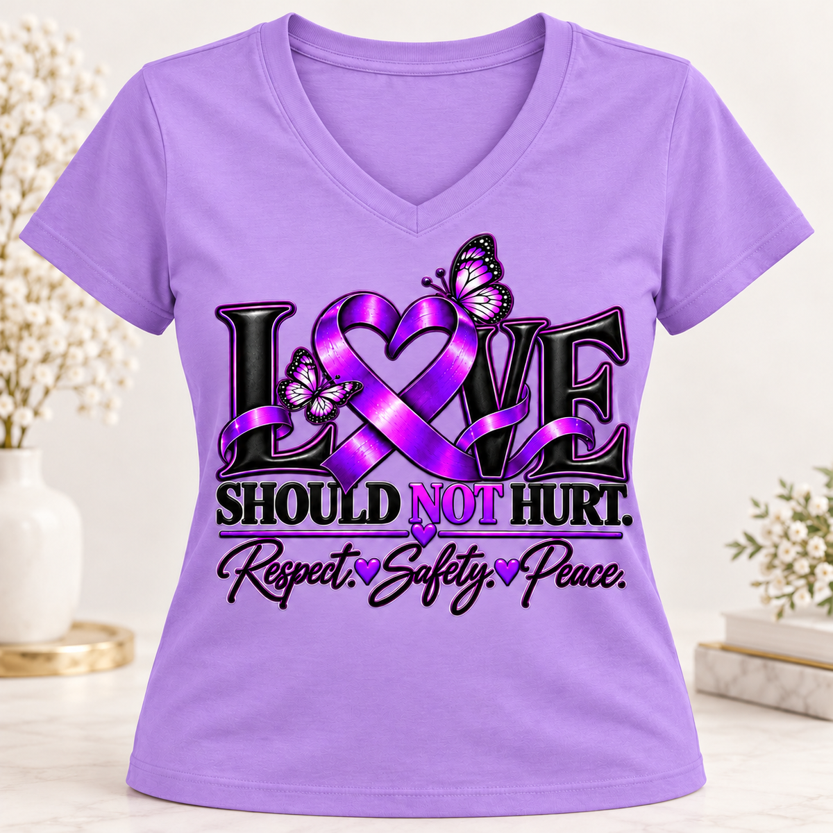 Love Should Not Hurt Purple V-Neck T-Shirt