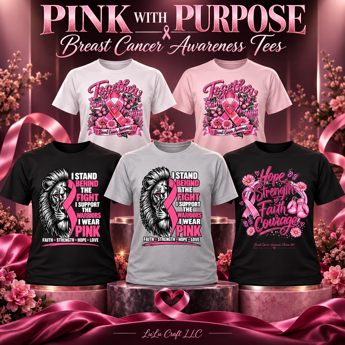 Four breast cancer awareness graphic T-shirts displayed on pedestals with decorative pink ribbons and flowers. The shirts come in white, light pink, black, and light gray, each featuring a large pink ribbon and motivational text such as 'Together,' 'I Stand Behind the Fight I Support You I Wear Pink,' and 'Hope & Strength Faith Courage.